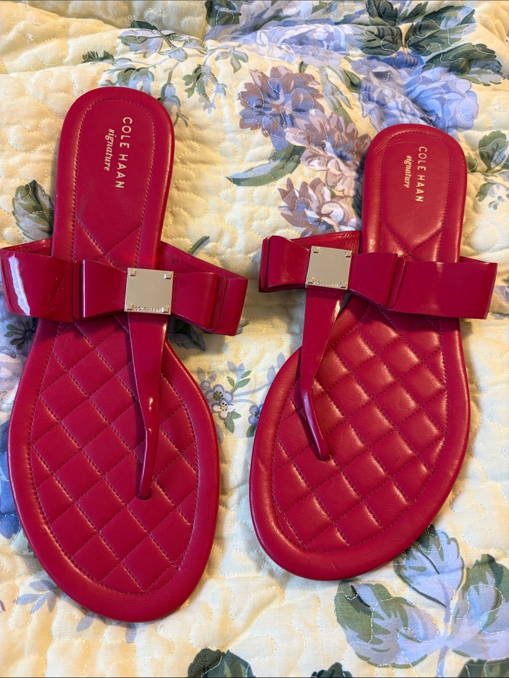 Cole Haan Red Quilted look Tali Bow Thong Sandals